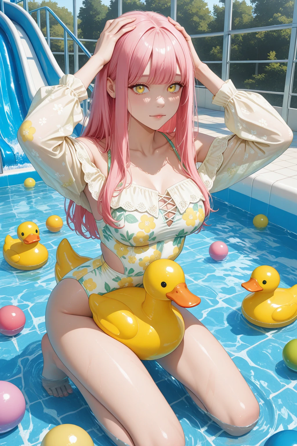 (masterpiece, top quality, best quality, extreme detailed, highest detailed, cinematic composition, official art, beautiful and aesthetic:1.2), colorful, beautiful face, perfect body, 1girl, full body, (take a bath:1.0), sfw, in water, in clothes, (bottles:1.1), (rubber duck:1.0)
