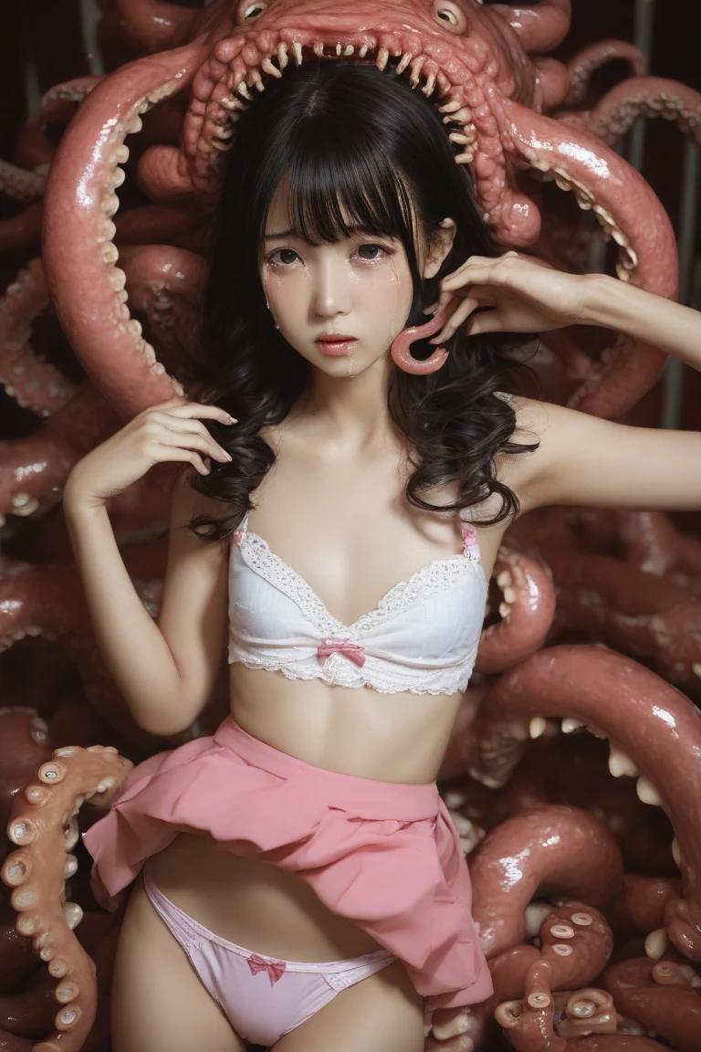 extra detailed face，Top image quality、idol、Outstanding style、Sexy thighs，exposing the abdomen ,((Idol Costumes))，photographrealistic、short-hair、Red and excited cheeks、((The eyes are confused and seductive))、(((Tentacles are touching the crotch))), (((Tentacles grab the buttocks))), (((１Giant Octopus)))、An 18-year-old woman、Delicate lace underwear、frills skirt