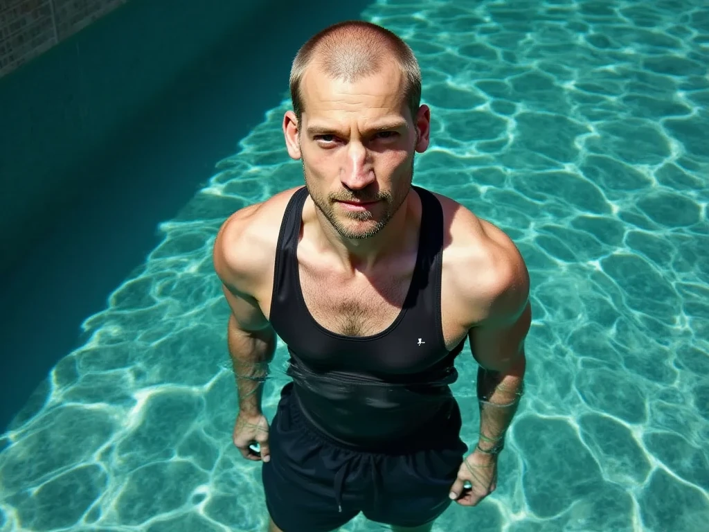 A muscular, buzzcut, tattooed teenage boy shirtless in white silk shorts, tied up with rope, screams while sinking underwater