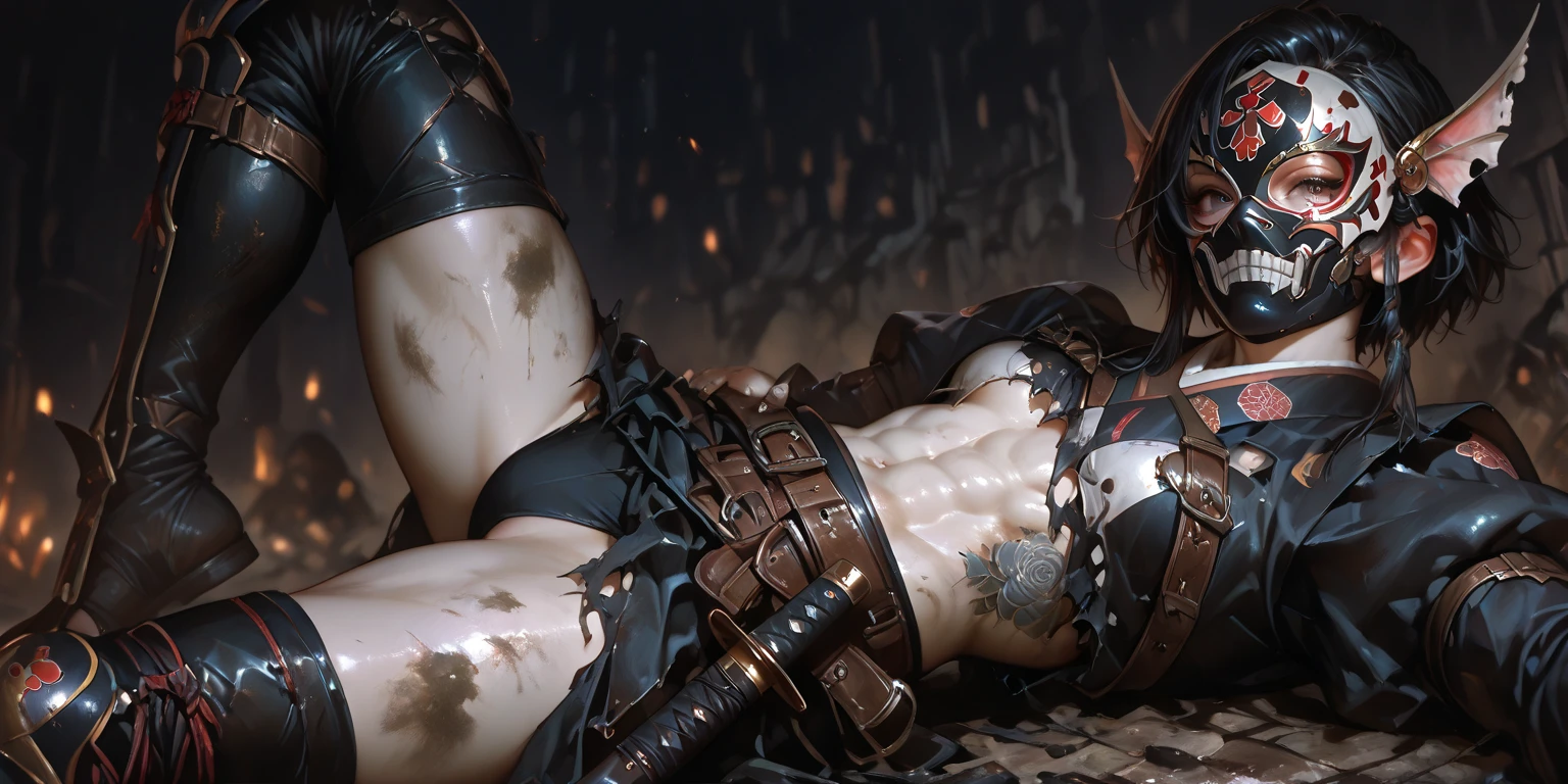 Eliza from Tekken, in a black bra with a blouse falling over her shoulders, sexy black panties, looking to the side, sensual look, in a doggy style position sticking her butt out, soft orange light over the room at dusk