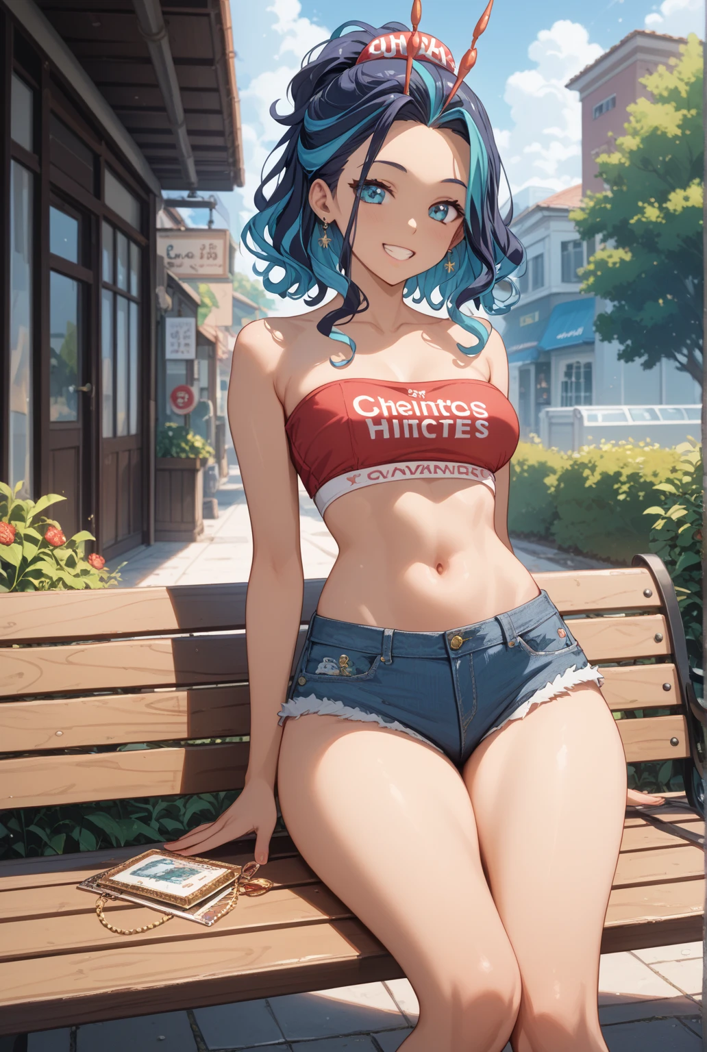 (masterpiece, best quality:1.2), cowboy shot, solo, 1girl, tatsumaki, lustful, closed mouth, looking at the viewer, ass, wide hips, shirt, short shorts, thong, squats, legs spread, blue sky, erotica,