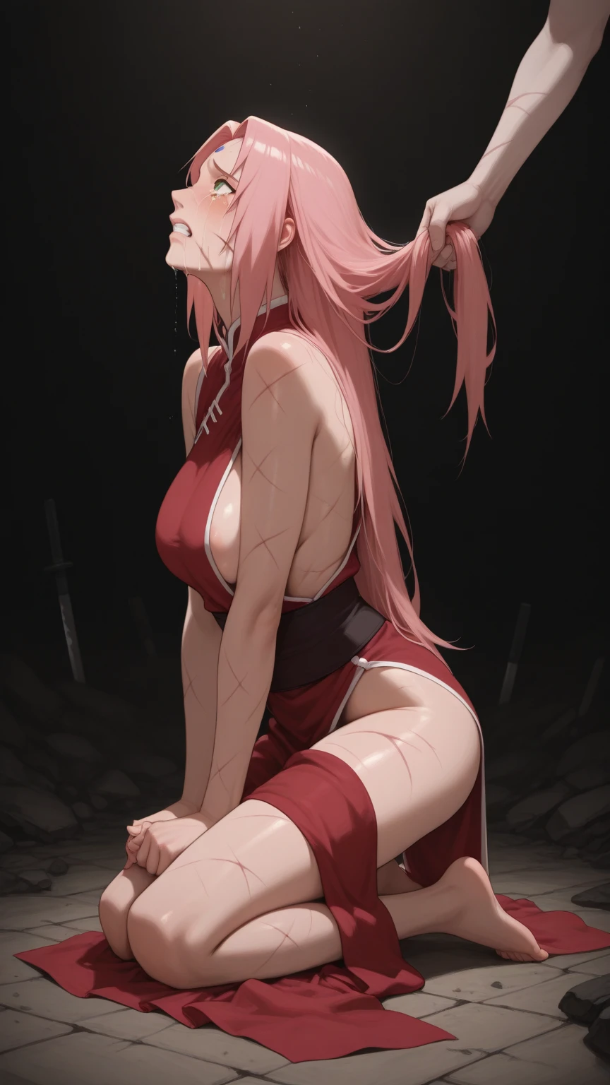 ((masterpiece,Highest quality:1.3)),nsfw,cowboy shot,1woman,30 year old beauty,独奏,((very small head:1.3)),red hair,long hair,low ponytail,blunt bangs,Black fabric blindfold,sad,medium breasts,((very long body:1.2)),((toned body,slender body,skinny)),gleaming skin,shiny skin,sweat:1.3,(shibari,hemp rope),naked,topless,nipples,navel、vagina,Love juice、,kneeling,Stone wall、、humid room、Medieval Europe、