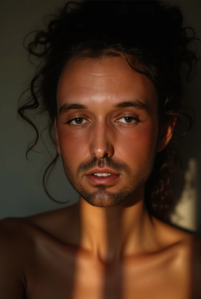 "Thin, young male slave in ancient Rome, shirtless, with hands chained, barefoot, wearing only a loin cloth, showcasing vulnerability and strength."