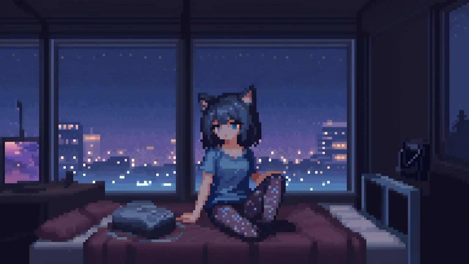 loli, short hair, dark hair, tan, green eyes, black sweater, bare legs, Sitting on the bed looking at the window, it's night, The night is full of bright stars, From the window you can see buildings with their windows open,