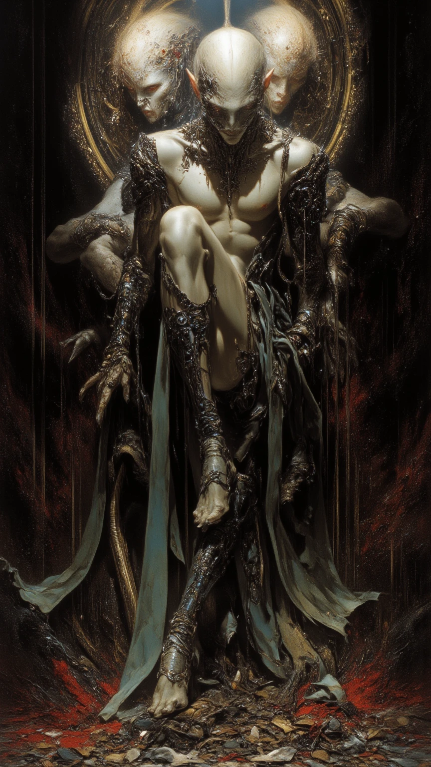 oil Painting of a ((male demon holding a skull)), full body, ((nude male)), savage devilman, succubi| medieval, the devil, by Dave Dorman, dark, inspired by Guido Reni, mannerism, mark brooks, , (penis showing), Decadent landscape background.,