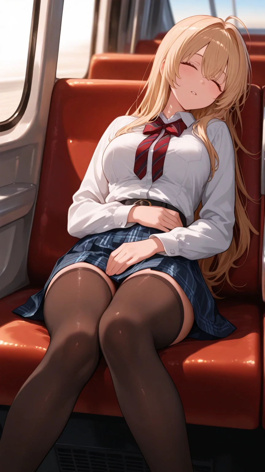 Perfect quality, masutepiece, 16 K, (From below:1.8), Beautiful girl sitting on train , Light brown long hair, High School Uniform, Brown eyes, Sweat, blushed face, Plump breasts, Open her legs, Watching the phone,