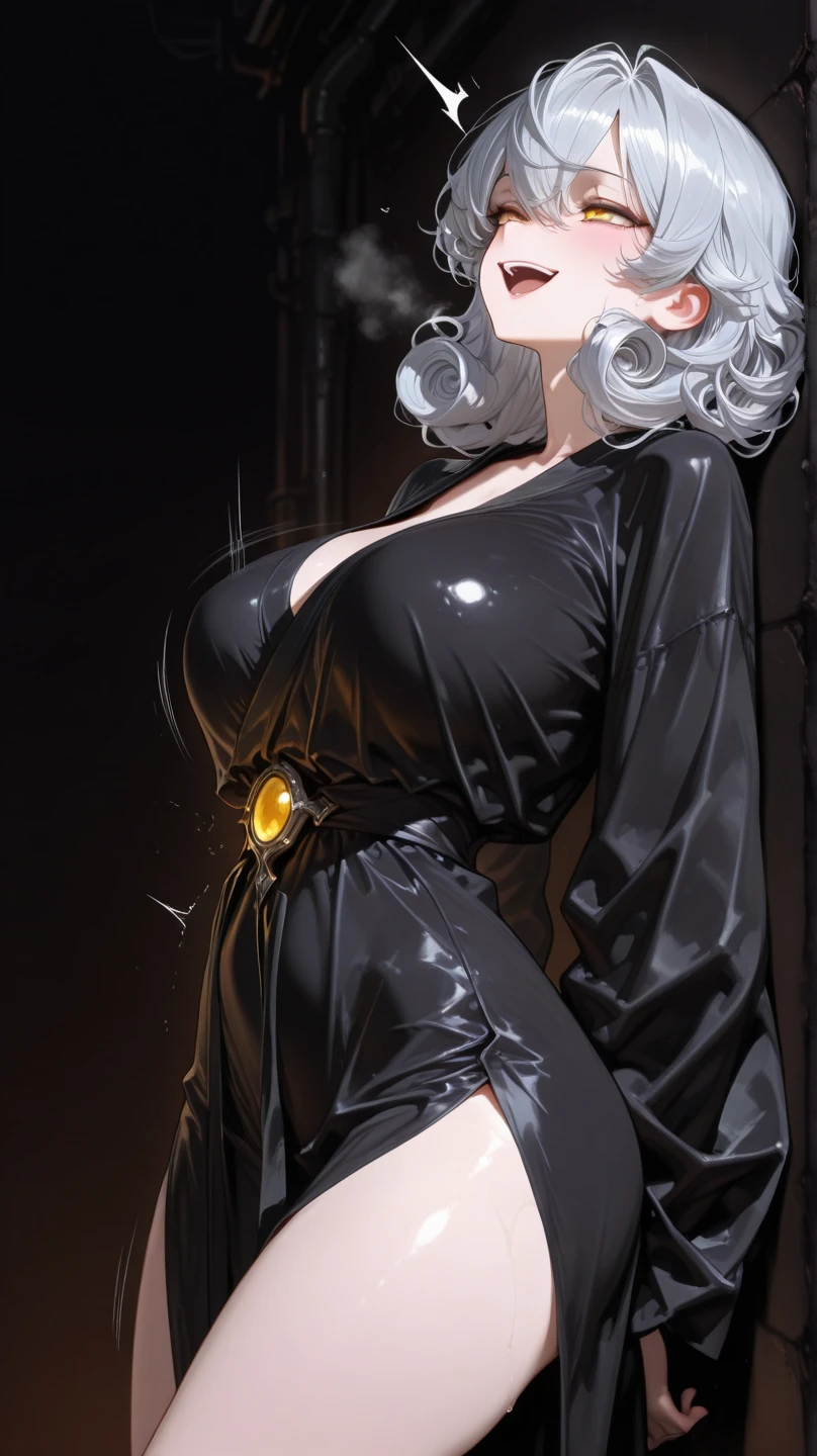 1 girl , Dark, high school student, tall, sinuous body a bit muscolar, long black hair, neti eyes, gothic style make-up, ((very big tits)), her blouse is short and very tight-fitting, her skirt is very short, she is standing with her legs apart, her hands resting on her hips, she has a concentrated and very sexy look on her face, (((masterpiece))),(((very hig realistic)))