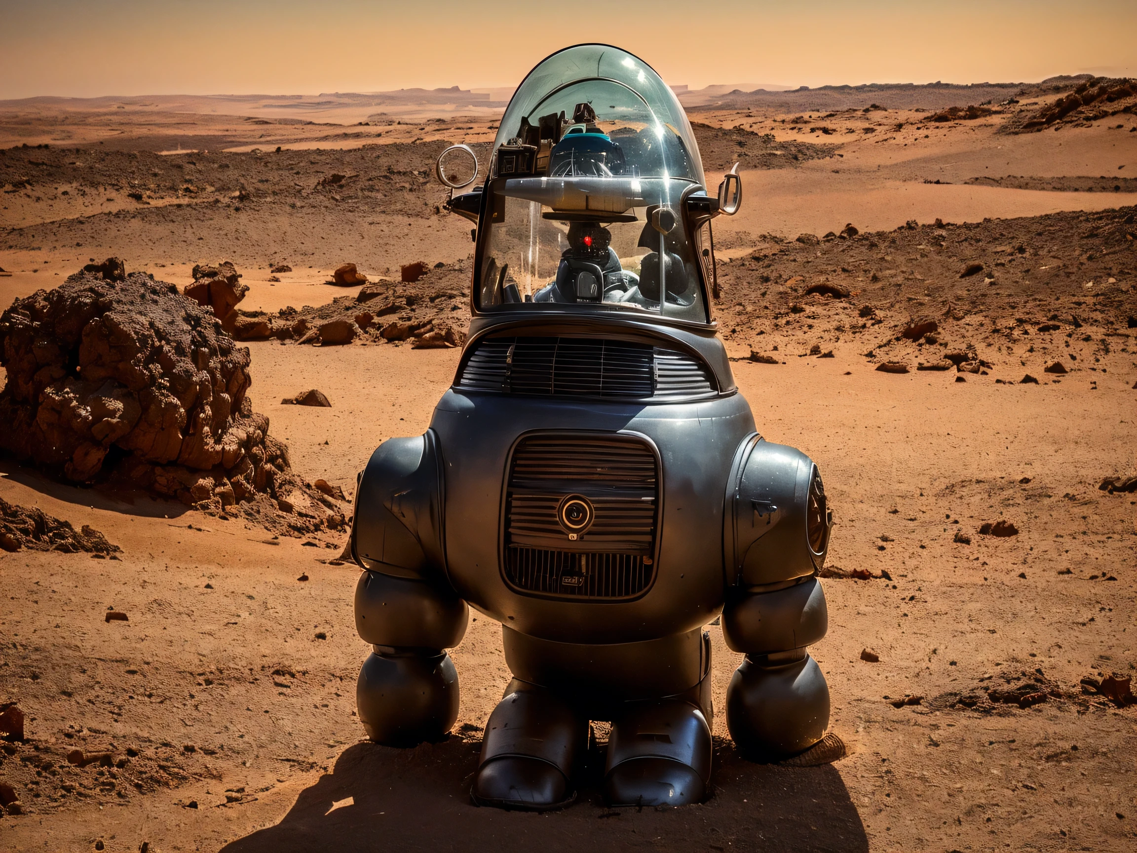 8k, (Robby3), (full body, cone shaped glass dome head, glowing vacuum tubes inside head, rounded cylinder-shaped chest, Michelin man legs), (red desert planet, glowing horizon, flying saucer, Martian landscape),