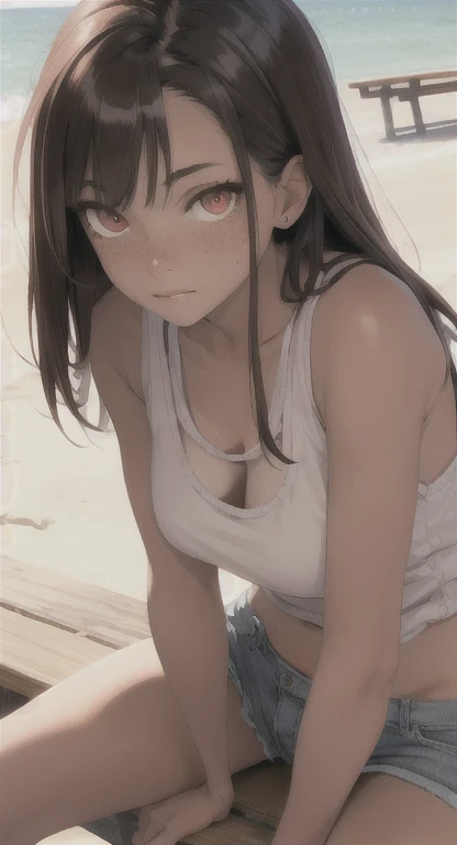 (8K, Realistic, RAW Photos, Highest quality: 1.4), Beautiful Face, (Shortcuts:1.3), Beautiful Eyes, (Real Skin), Beautiful Skin, High resolution, Tank top、Staggered shorts、 (Please show me your armpits:1.4), (Place your hands behind your head:1.2), smile, 15 year old Japanese girl, Please show me your armpit hair, Simple Background