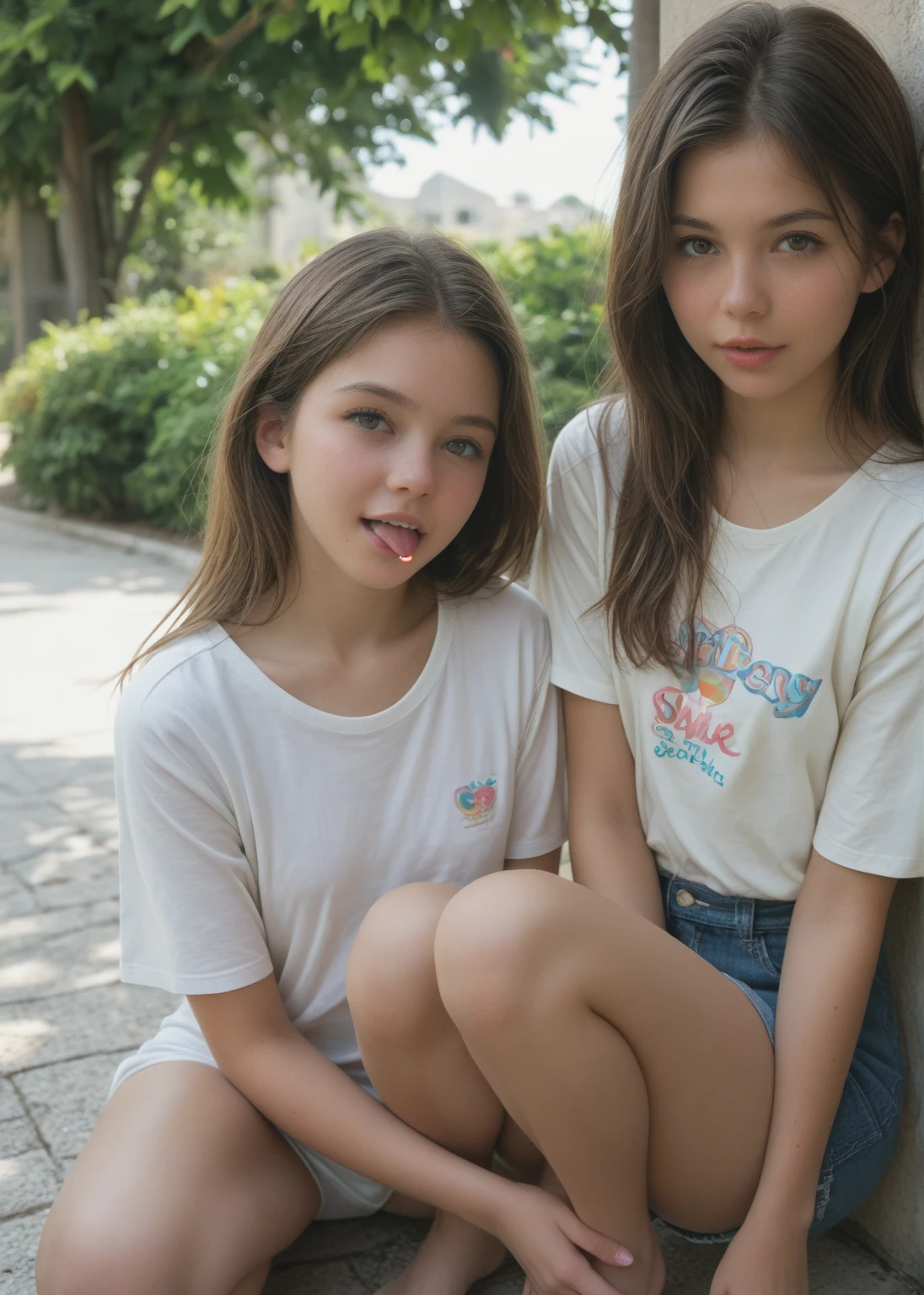 two 10 year old girls in the park wearing shorts and a short shirt, baby face, realisitic, real, detailded, luz realisitic, good lighting, 4K