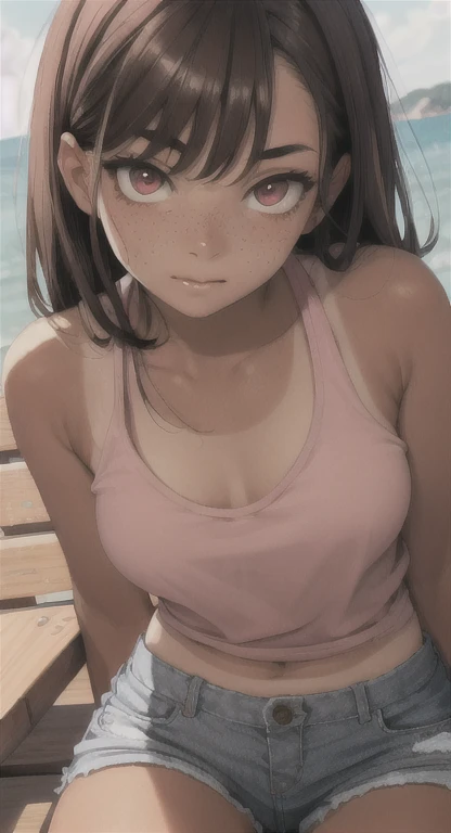 brown hair, long hair, eft_oshi_step, bangs, maroon eyes, curvy, anatomically correct, heavy breathing, 1girl, shorts, navel, breasts, barefoot, large_breasts, solo, short_shorts, striped, midriff, sitting, collarbone, cleavage, blush, full_body, sweat, bench, (plump:1.2), hollow eyes, bright pupils, sweating, heavy breathing, steaming face, maroon eyes, seductiv smile, blush, lazy eyes, "Photorealistic, Hyperrealistic, Hyperdetailed, analog style, soft lighting, subsurface scattering, realistic, heavy shadow, masterpiece, best quality, ultra realistic, 8k, golden ratio, Intricate, High Detail, film photography, soft focus", sweating, steaming body, fog,