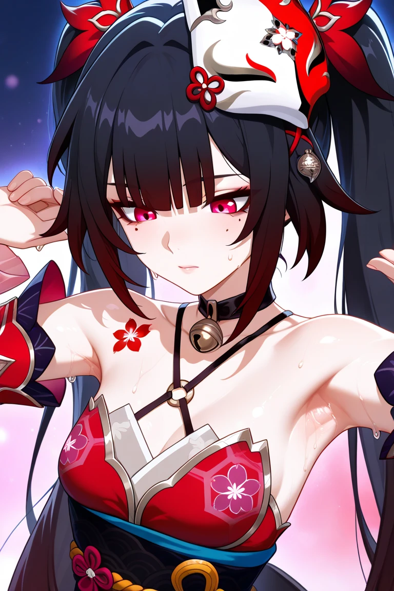 (masterpiece:1.2), hyper detail, best quality, (intricate_details:1.1), beautiful detailed, beautiful hair, solo,1girl,huahuo, 1girl, single_glove, mask on head, sash, black hair, twintails, purple eyes, obi, (fox mask:1.1), single glove, japanese clothes, (Cherry blossom tattoo, chest tattoo:1.1),sweating,heavy breathing,steam,open jacket,greasy shoulder,from below,looking down,flipped hair,armpit,greasy armpit,from side, shoulder focus,wet clothes,((armpit focus)),bare shoulder,looking at viewer,upper body,hand holding mask,hand on breasts,(sideboobs),five fingers, backlighting,((greasy armpit)),((smooth armpit)),licking lips,yandere,young girl,middle breasts,((five fingers)),Pupil details,((half-closed eyes)),((eyes glow)),wet armpit
