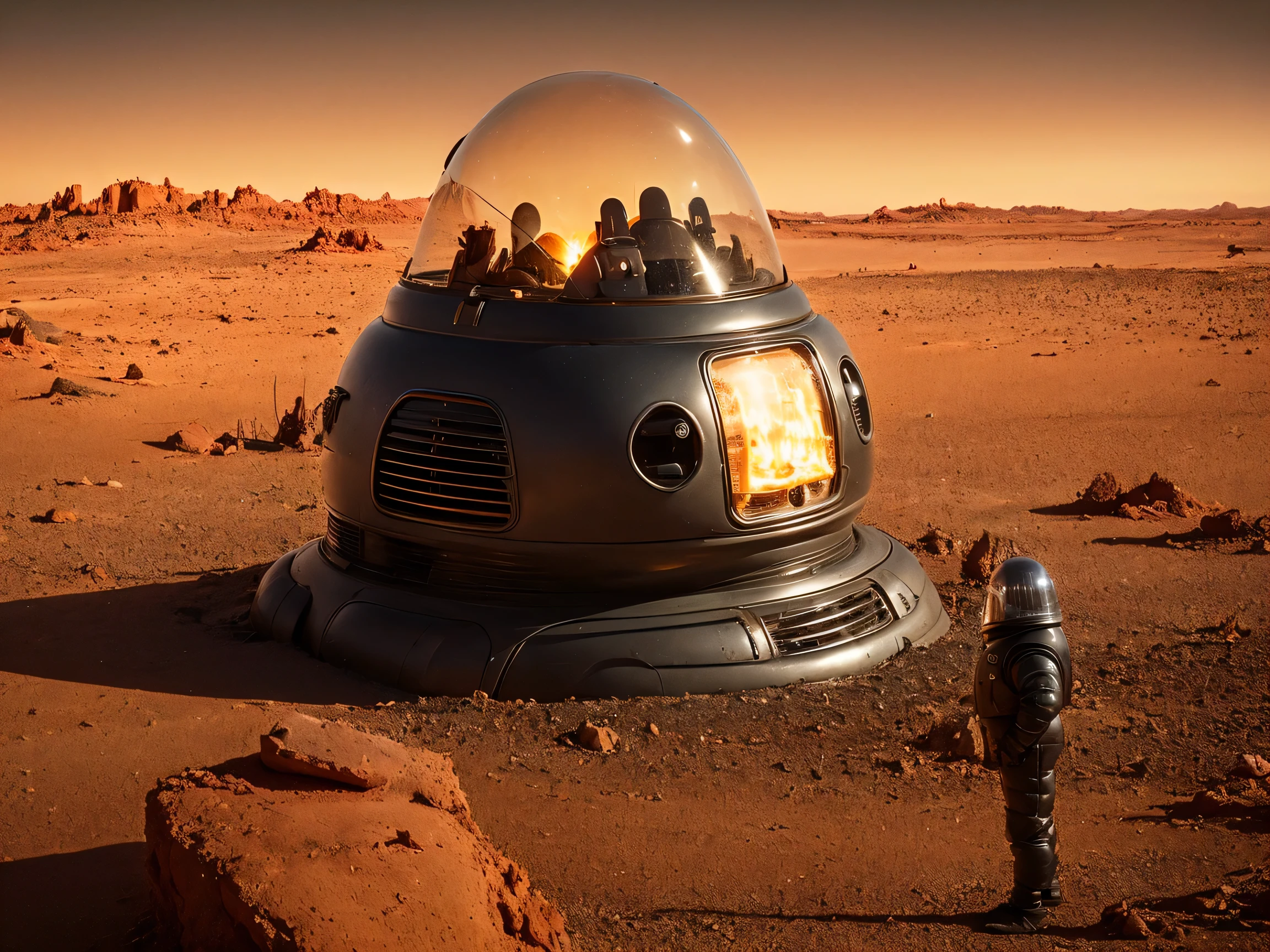 8k, (Robby3), (full body, cone shaped glass dome head, glowing vacuum tubes inside head, rounded cylinder-shaped chest, Michelin man legs), (red desert planet, glowing horizon, flying saucer, Martian landscape),
