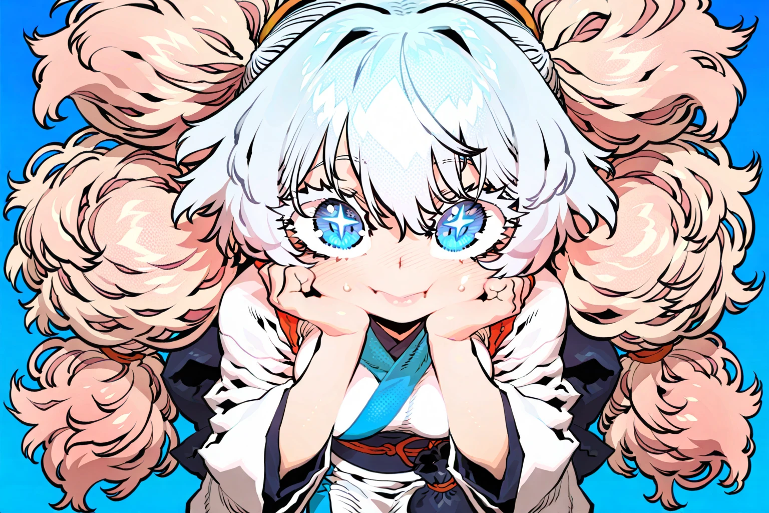 masterpiece, Highest quality, Highest quality, Realistic, (Close up on face, Sticking out a long tongue, Ahegao, Nose hook, Drooling:1.3), (beautiful girl, happiness, smile, Eyelash extensions, Gal Makeup), (Silver Hair, Wavy bristles, Short Hair:1.3), (A gothic punk take on kimono:1.3), (Stand up with legs apart:1.3), (It is photographed from above:1.2)