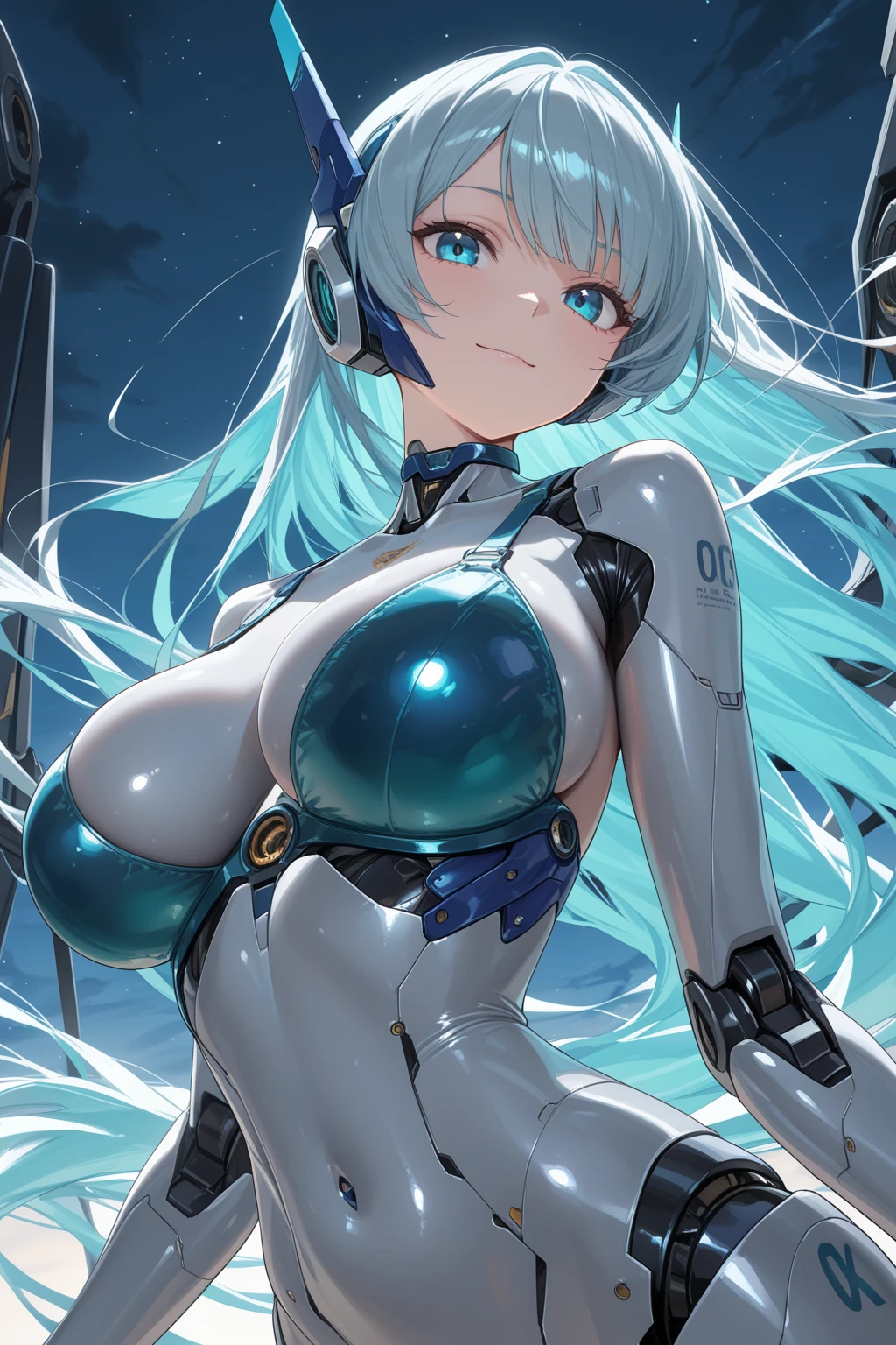 (masterpiece:1.2), (ultra detailed:1.2), (Highest quality:1.2), (Very-cute-and-beautiful-1gir)l, (16-years-old), BREAK ultra detailed beautiful face, (ultra Delicate beautiful yellow-cute-eyes, Iris, Long eyelashes), Attractive lips, BREAK absurdly long wavy hair, shiny pastel blue hair, Delicate hair portrayal, hair bow, BREAK (slim body and gigantic breasts:1.4), narrow waist and leggy, beautiful curvy cute ass, BREAK (porcelain and Translucent shiny skin:1.2), (sweaty skin:0.7), BREAK Precise anatomy, (Happy Smile), BREAK (High leg Futuristic Spacesuit, Inner compression shirt, Over the knee tights), ultra detailed, The cockpit is surrounded by glowing monitors, background, BREAK (standing in the center), striking a model-like pose, (character focus:1.2), (cowboy shot, Wide Angle, shoot from front), Professional lighting, atmospheric perspective, BREAK extremely detailed CG, Incredibly absurd 8k wallpaper,