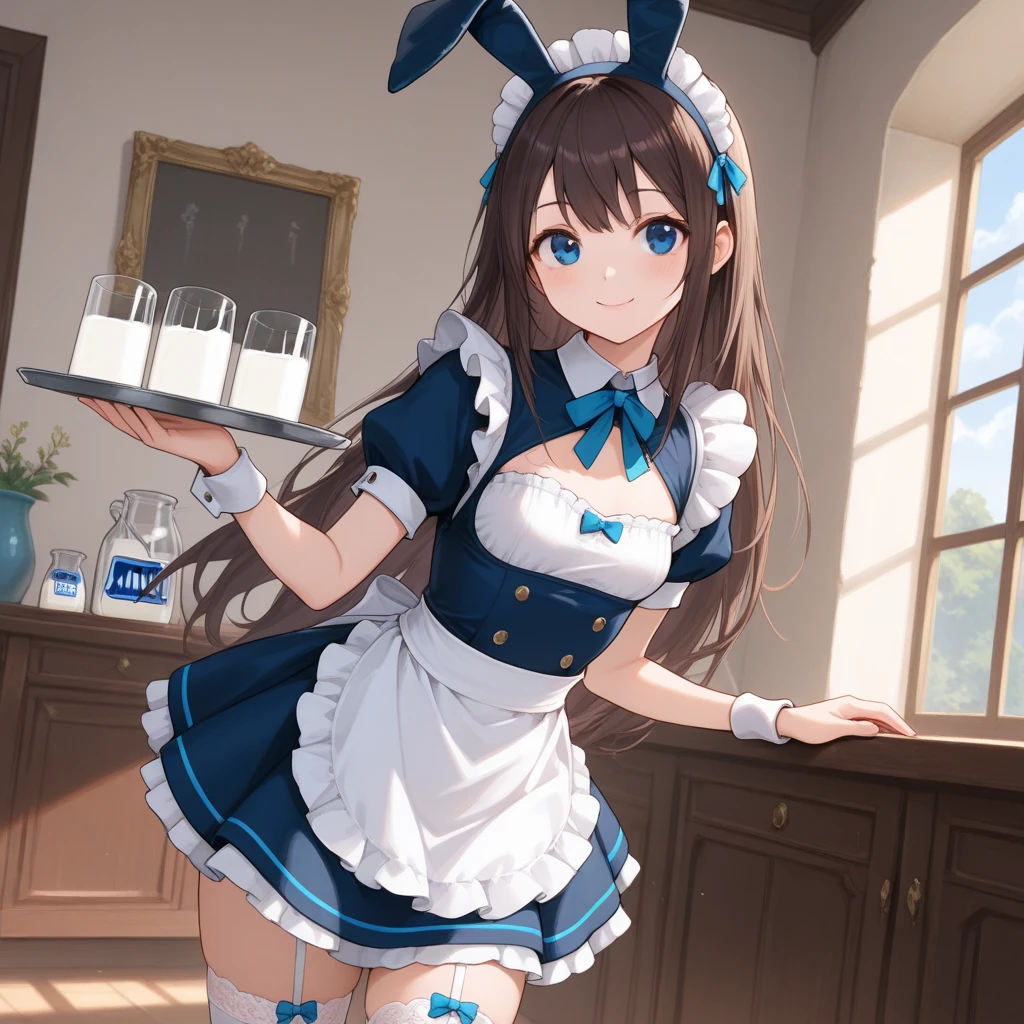 (Top quality illustrations:1.2), (pretty girl:1.1), (1 girl、17 years old、Top quality illustrations:1.2), (1 girl、smile、Small breasts、blue eyes)、Dark brown hair、short hair、Wavy Hair、Curly Hair、Low Twintails、Waitress in a café、Bunny ears、Small breasts、White leotard、Fishnet tights、