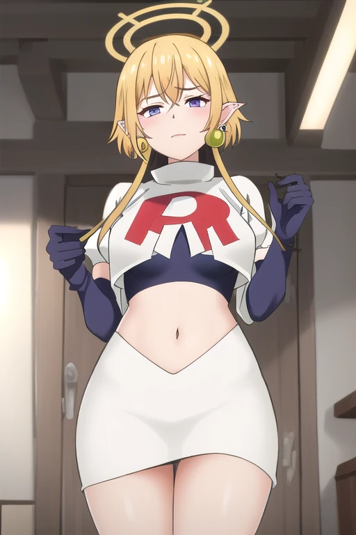 power (chainsaw man), 1girl, ass visible through thighs, blonde hair, breasts, cowboy shot, crop top, floating hair, from below, grin, hair between eyes, hands on own hips, horns, medium breasts, long hair, long sleeves, looking at viewer, midriff, navel, pink shirt, sharp teeth, shirt, sidelighting, smile, smug, solo, symbol-shaped pupils, teeth, thighs, yellow eyes, white thong, underboob, indoors, lowlegp, lowleg pants, groin