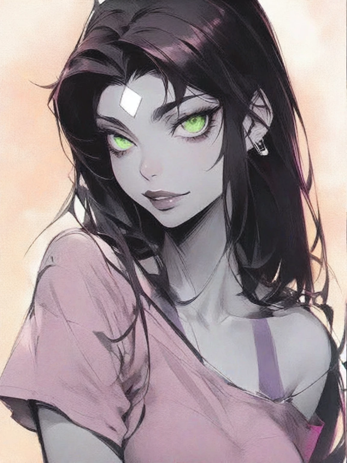Woman green skin, short black hair, long white hood