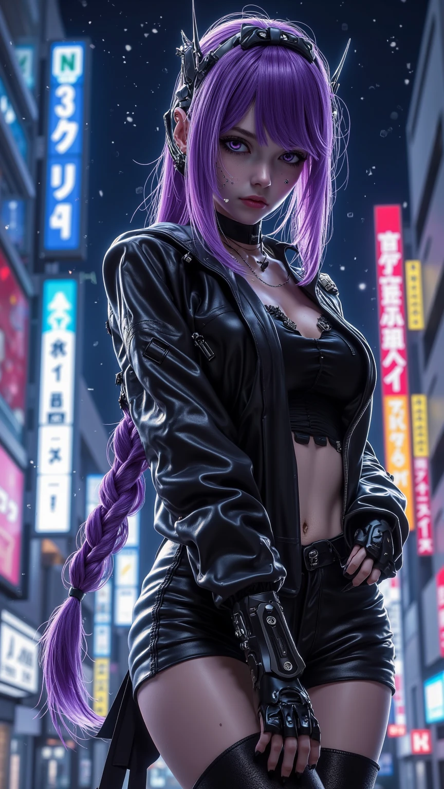 A girl cyberpunk, ultra UHD, ultra detailed, violet perple cinematic, highres, smiles