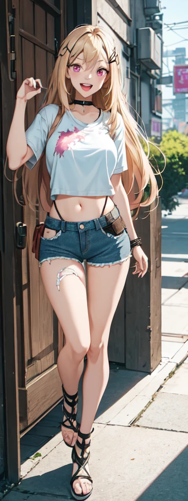 best quality,ultra-detailed,high resolution,extremely detailed cg,anime picture,unity 8k wallpaper,
blond hair,blue eyes,long hair,ripped shorts,white shirt,purse,navel,looking at viewer,hair ornament,smile,pov doorway,open mouth,denim,x hair ornament,cyberpunk,