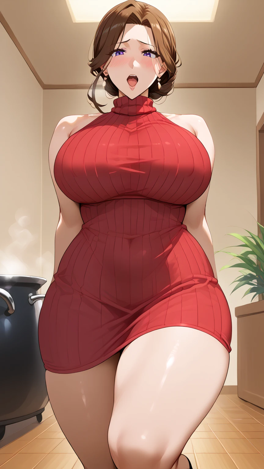 ((medium long shot)), (One ultimate beautiful mature woman), ( 1 women,1 boy), ((mom and son:1.4)), very detailed顔, detailed lips, sensual lips, detailed eye, double eyelid, brunette bun hair, big and full breasts,big , gigantic breast, (thighs thighs thighs), Exactly, perfect body, perfect face, sexy leggs, Depth of the bounds written, perfect image realism, 、Detailed With background, detailed costume, perfect thing、hyper realism、photoreal、8K maximum resolution, (masterpiece), very detailed, Professional, ((feel shy, embarrased, nervous:1.4)), ((in the home, at kitchen :1.4)), ((knit maxi dress:1.4))