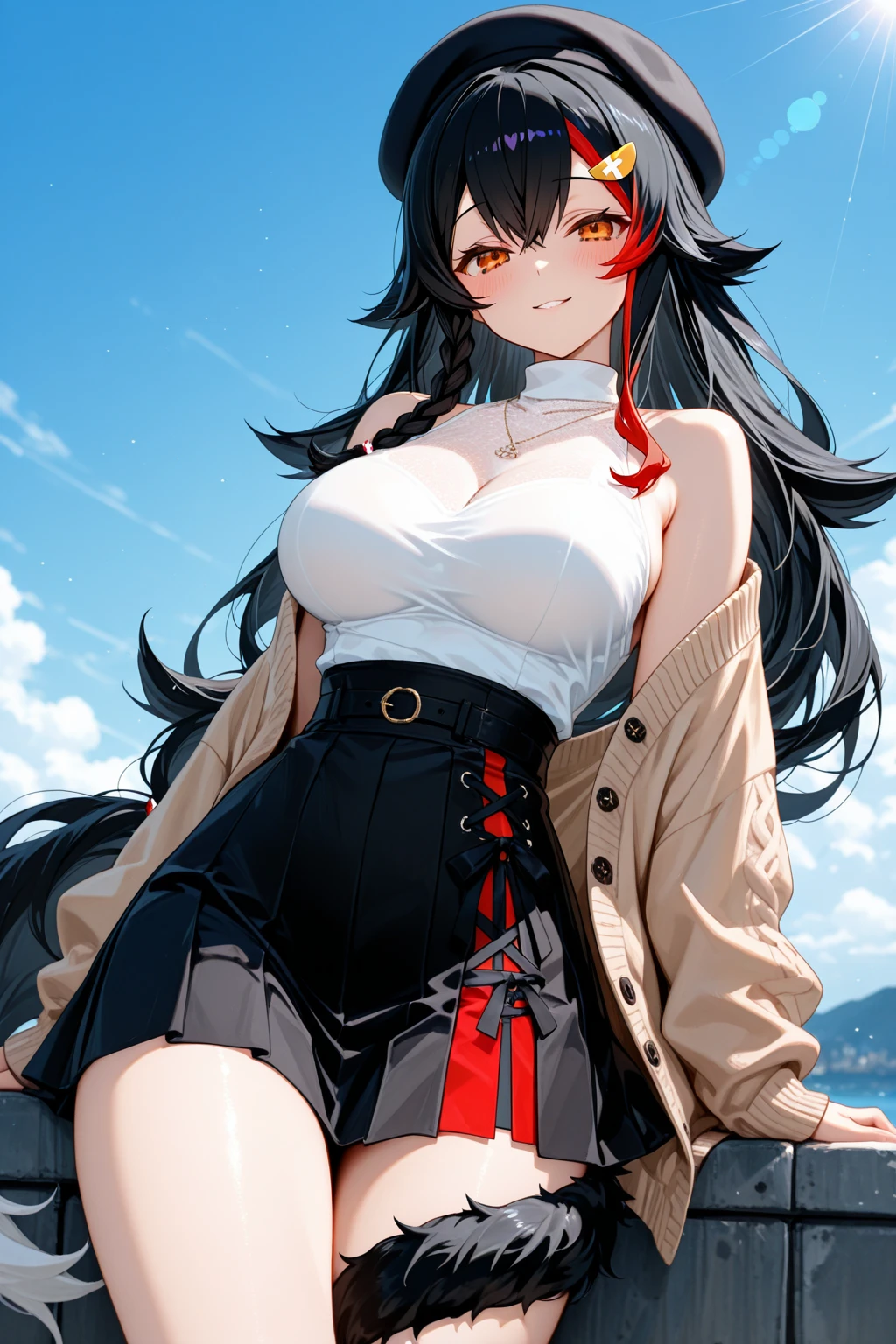 masterpiece、highest quality、1 girl、solo fleamadef、white shirt、red jacket、fur trim、open clothes、off shoulder、black pants、ripped pants、necklace、Sleep Mask、Are standing、big breasts、cleavage、Loose shirts