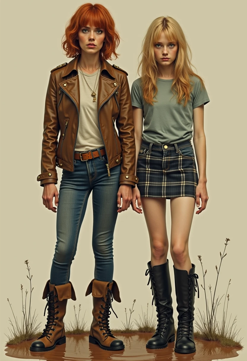 photorealistic、Live-action version、riders jacket、distressed denim、laminate pants、white denim、long legs、tattoo、accessories、blonde hair、light brown hair、brick building、Warehouse district、woman with bad attitude、highteen、Beautiful delinquent