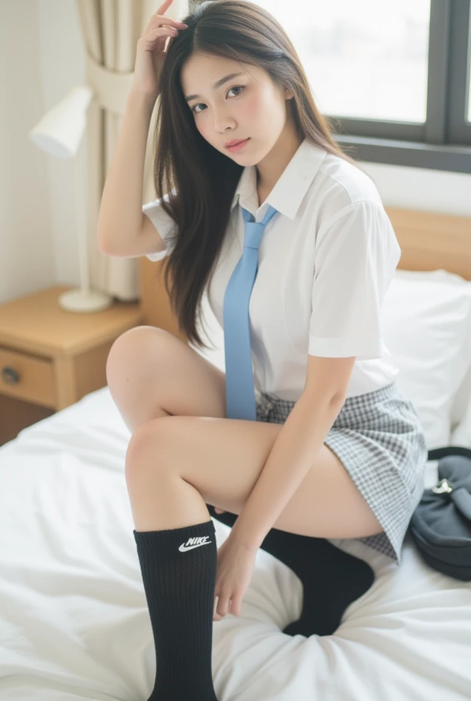 Alafed asian woman in short skirt and white shirt, surreal schoolgirl, cute schoolgirl, surreal schoolgirl, Japan girl uniform, realistic schoolgirl, JK school uniform, girl portrait, cute face with arms and legs, Seifuku, Sakimi-chan, cute core, realistic young gravure idol, high school girl posing, cute smile, cute pants, 🤤