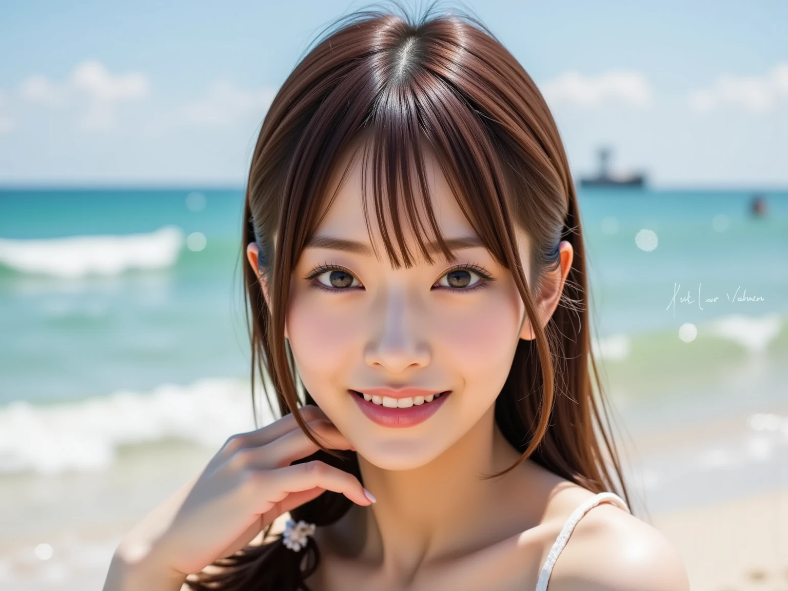Tabletop, Highest quality, shape, Very detailed, High resolution, 8k wallpaper, Perfect dynamic shape, Beautiful and beautiful eyes, Cute eyes,Natural Lip,Cute swimsuit ,,Large Breasts,Very fine grain definition,(Round face),beautiful girl,17 years old,Realistic,Tiny bangs,Droopy eyes,A kind smile,Brown Hair,Aligned teeth,Exposed Skin,blue sky,beach,White skin
