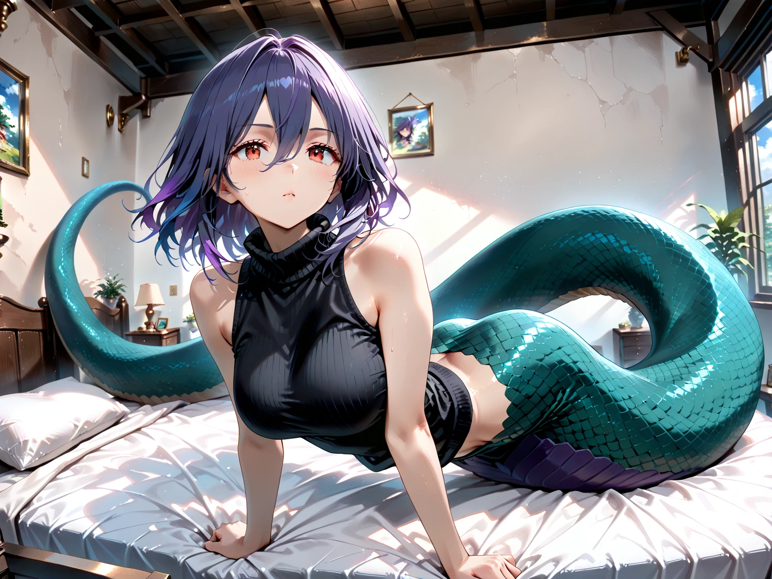 mature female, mature, Adult, himeno, himeno(Chainsaw Man), 1girl, black hair, short hair, eyepatch, solo, naughty face, seductive smile, nsfw, sexy, evil organization, Villains,  blush, aroused, in heat, many tentacles background, many octopus legs, sucker, purple bra, masterpiece, Top animation quality，Top image quality,
