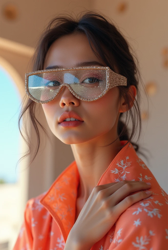 Portrait of an attractive beautiful tamil woman unbotton blouse, (( big chest)),inspirada em "Jenna Ortega"(altamente detalhado: 1.2), Hyper-detailed eyes and use of high-tech sunglasses with holographic display 1.2), seductive look, hyper realsitic