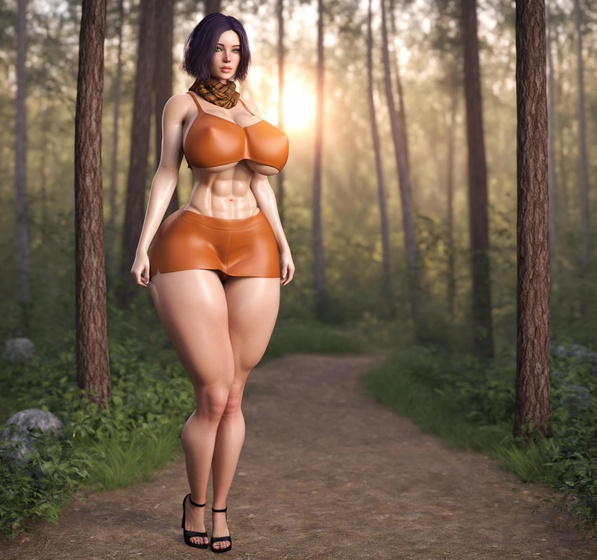 there is a woman in a brown bodysuit posing for a picture, in woods, in the forest, thicc, in the woods, character is in her natural pose, adventure hyper realistic render, forest hunter lady, cinematic goddess body shot, full figured mother earth, forrest in the background, realistic fantasy render, standing in the forrest, natural realistic render, in a forest
