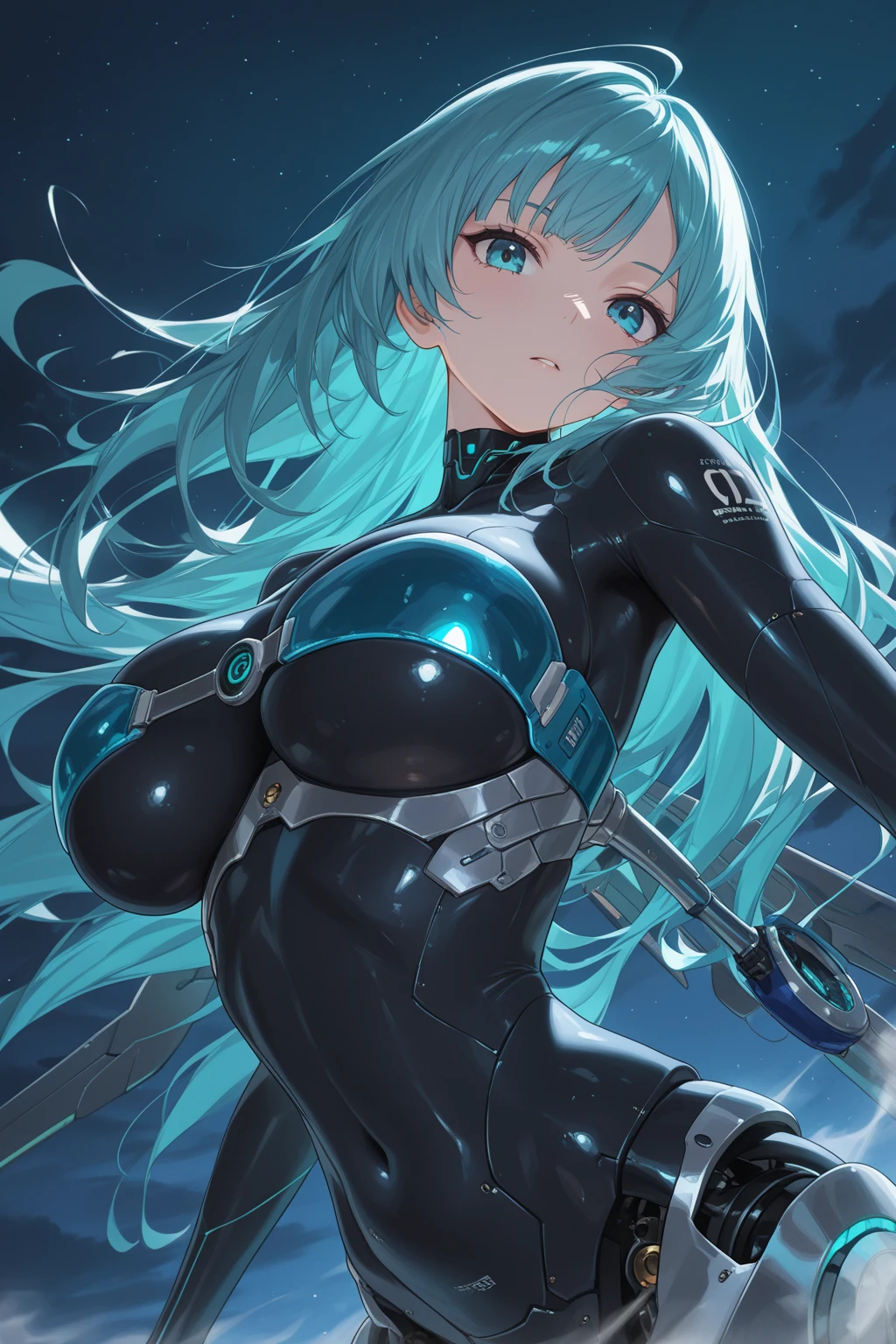 A silver-haired beautiful girl with cat ears eyes are green hair is silver and long clothes: a form-fitting black combat suit The fist is an afterimage The background is a city at night her is in a cat-like fighting pose The year is 14 years monitor, Dark Night, Sweat, Steam of Exhalation, Space, Battle, Dynamic Angle　one girl