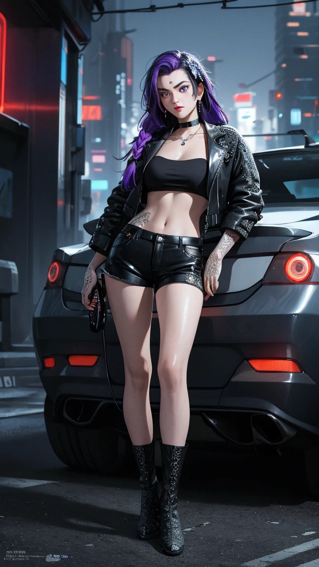 Beautiful woman colored hair, sitting cross-legged sexy leather clothes long breasts cyberpunk style realistic detailed