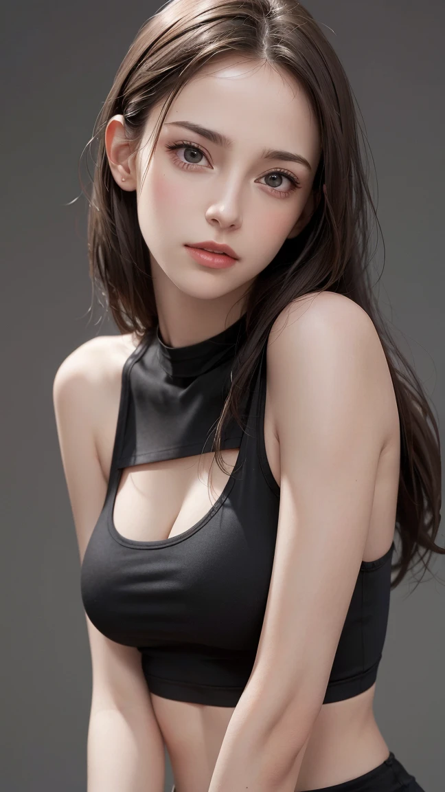 8K, Top Quality, Intricate Details, Ultra Detail, Ultra High Resolution, Masterpiece, close up shot, (full body: 1.1), Slender, Smile, (Makeup: 0.4), (Fluffy Blue Eyes: 1.21), ((full body)), 1girl, solo, 1 girl, (( full body)), close up shot, , ((tall)), (((fit body))), (((slim face))), sharp face, (( black hair, )) (detailed face), sharp face, small lips, casual pose,
((crop top)), detailed face, detailed breast, , large breast, detail ass, , Beautiful girl with accentuated slender abs: 1.4, Six Pack Abs: 1.4, Bust Botox, Big, Perfect Body, detail leg, (( dark background)), black background,