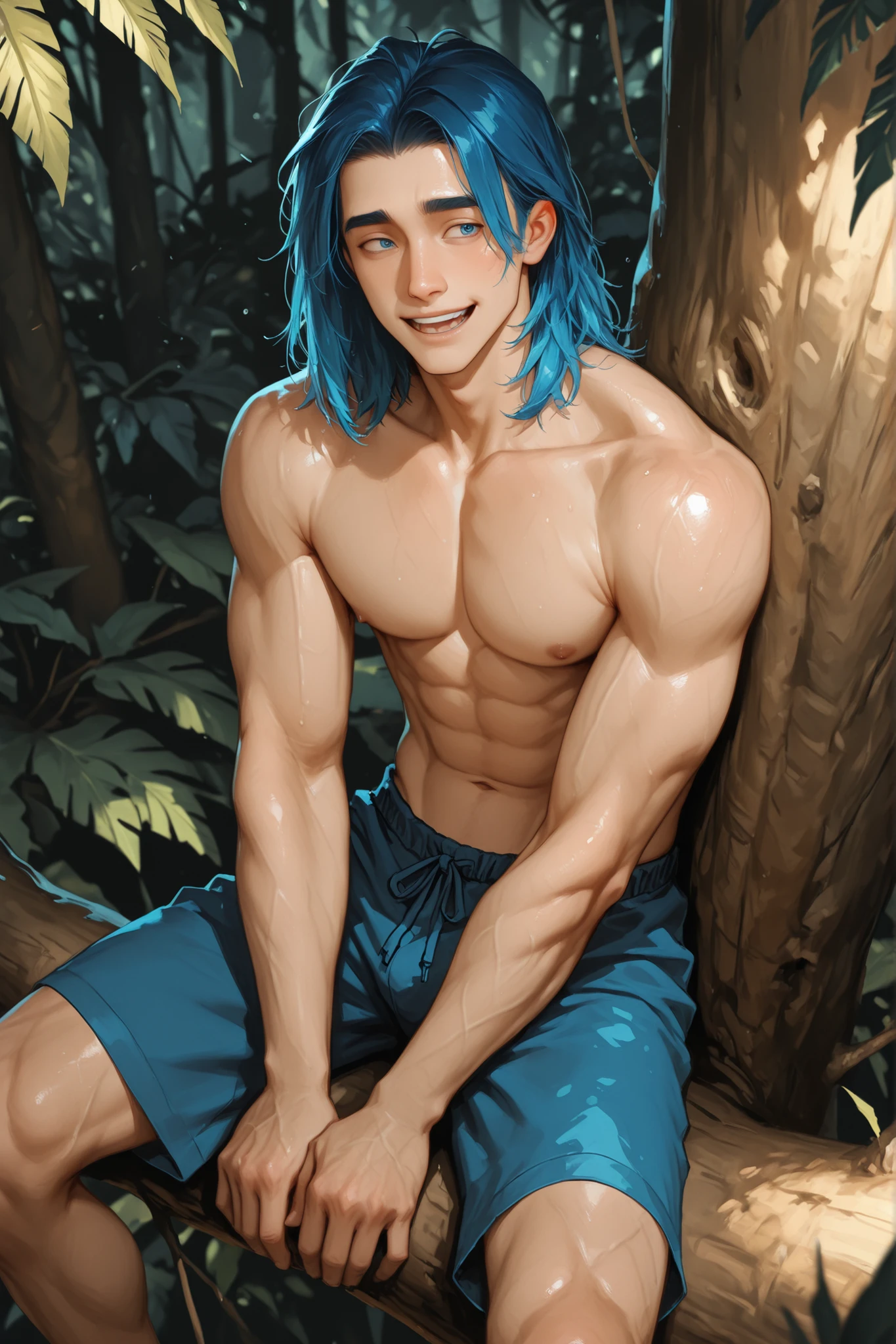 (hyper-realistic digital illustration), hires, best quality, boy wearing micro black thong, see-through black thong , front view full body, lying on his back, holding raised spread legs, athletic body, (white skin), bare chest, flat chest,(long green blue hair scruffy ), determined expression, small waist, muscular.