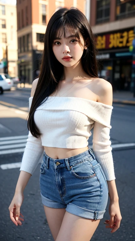 Highly detailed CG Unity 8k wallpaper, highest quality, Super detailed, masterpiece, realistic, photo realistic, Highly detailed cute girl, 20-year-old, (((スカートをlift it yourself))), (lift it yourself), panties , panties focus, blush, parted lips, looking at the viewer , half body shot , (crowd), (crowded city) , wavy hair