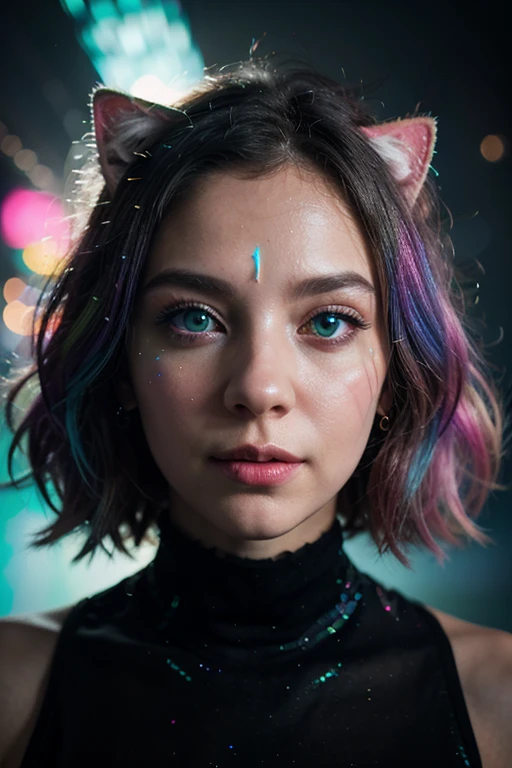 (Masterpiece, Best Quality), ((1 girl, (mature woman) wide), (star-shaped pupils, +_+, symbol-shaped pupils, sparkling eyes), (cat ears, open your mouth open)), (looking at the viewer, light smile, off the shoulder), (abstract, multicolor background, abstract background, chromatic aberration),