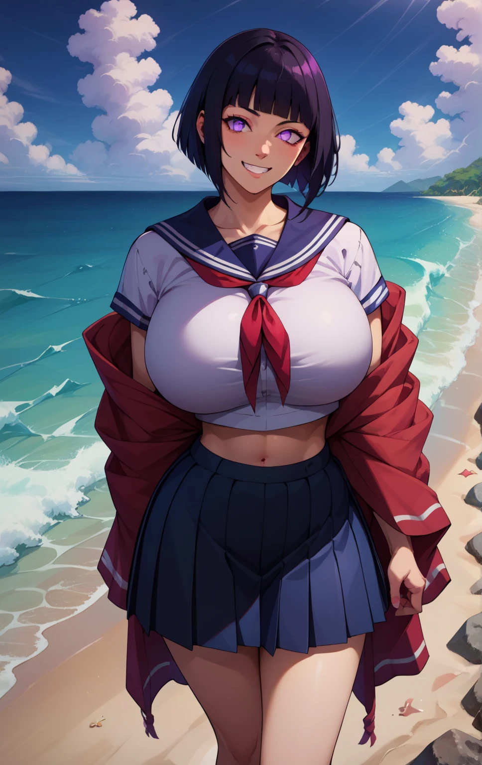 score_9, score_8_up, score_7_up, score_9, BREAK hinataSDXL, 1girl, solo, breasts, looking at viewer, smile, short hair, bangs, skirt, shirt, , purple eyes, white shirt, black hair, short sleeves, pleated skirt, serafuku, blunt bangs, sailor collar, huge breasts, neckerchief, ocean, beach, arms behind back, bob cut, red neckerchief, alternate breast size, bursting breasts, bra visible through clothes, hyuuga hinata