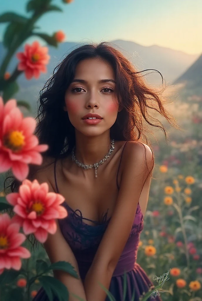 a girl lying in a field of colorful flowers, beautiful detailed eyes, beautiful detailed lips, extremely detailed face and skin, long eyelashes, serene expression, flowers surrounding her, sunlight filtering through the petals, pastoral landscape, lush greenery, (best quality, 8k, highres, masterpiece:1.2), ultra-detailed, (realistic, photorealistic, photo-realistic:1.37), soft natural lighting, warm color palette, delicate, feminine, cinematic composition