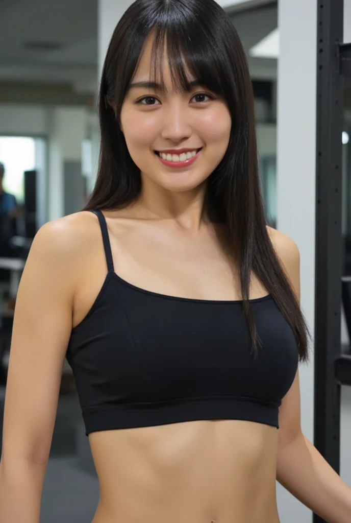 photo realist of gorgeous Indonesian cabin crew, tank top, smiling, natural skin tone, black hair