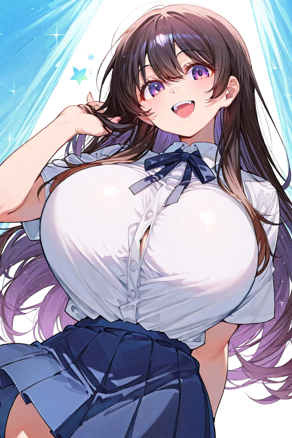 black eyes ,black hair, long hair, hairband,, large breasts,, Live Stage, solo, nipple