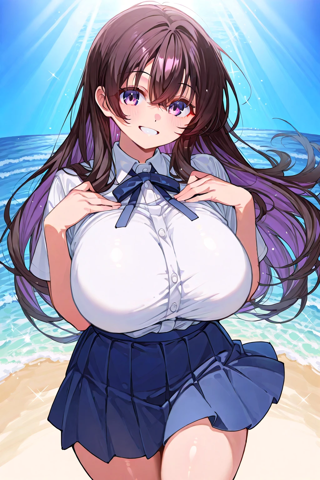 Hentai、High resolution、Magazine cover style、smile、Focus on people、A super busty gal in a sailor uniform spreading her legs and making a sex appeal in the downtown area、Perfect proportions、Cowboy Shot、Erect nipples、Extraordinarily large, super huge breasts、Fatty legs、Exposing pussy、Clear eyes