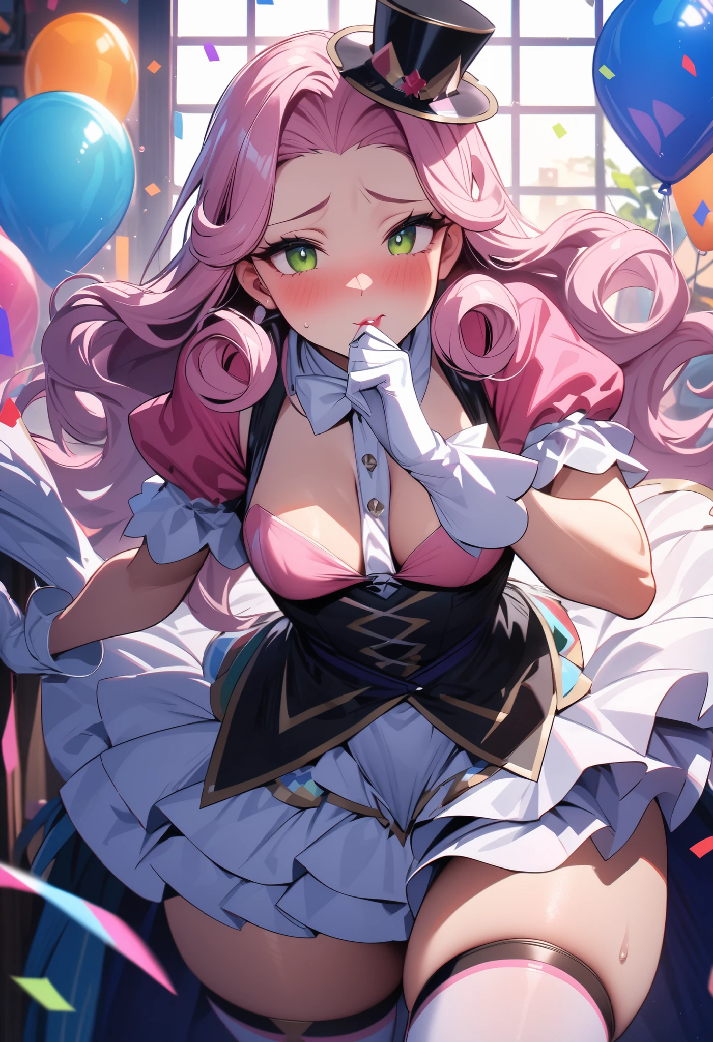 masterpiece, Milf, An adult clown with a curvaceous and attractive figure, small breasts, caderas anchas, Lush thighs, detailed anime-style air balloons, with light pink curly hair and bangs. Pina red lips, She has flushed cheeks , big green eyes with long eyelashes. He wears a voluminous multi-layered tutu in shades of pink and white, adorned with a small white ribbon at the waist. The upper part of her outfit is a pink bodice with straps, decorated with three pink buttons in the center. His hands are covered by long light pink gloves, with rainbow bands around the wrists. in the traditional home interior, confetti on the floor visible. The image has an 8K Ultra HD resolution, with extreme attention to fine details, maintains balance, visible pastel , huge hips, Lush thighs, tender and attractive expression, blush, worried look, shrink beam, Chubby butt, pretty eyes , throw, long stockings of colored stripes with straps, little clown hat, doing a sensual pose, throw, angulo in front, colorful wall, 1 visible globe, pastel, Impossible_clothes, holding a lolipop in his hand, lollipop, is tilted forward, in front, bent back, face focus, delicate hands lips,
