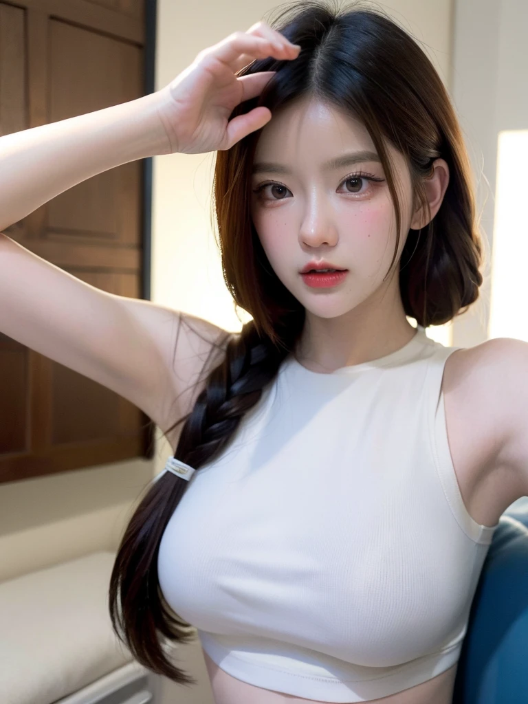 extreme close up,1 girl,(highly detailed skin),bent,,beautiful胸,(small breasts),pale skin,erect nipples,(fantasy art,best image quality,surrealist portrait,(8K),Super realistic,最high quality, high quality, High resolution, high quality texture,high detail,beautiful,be familiar with,Very detailed CG,be familiar withテクスチャー,realistic facial expression,masterpiece,sense of presence,dynamic,bold),ponytail,(super thin hair),(super soft hair),(ultra straight hair:1.5),long flowing bangs,extra light coppery amber hair,hair above one eye,dressed,baggy t-shirt,see-through sailor swimsuit