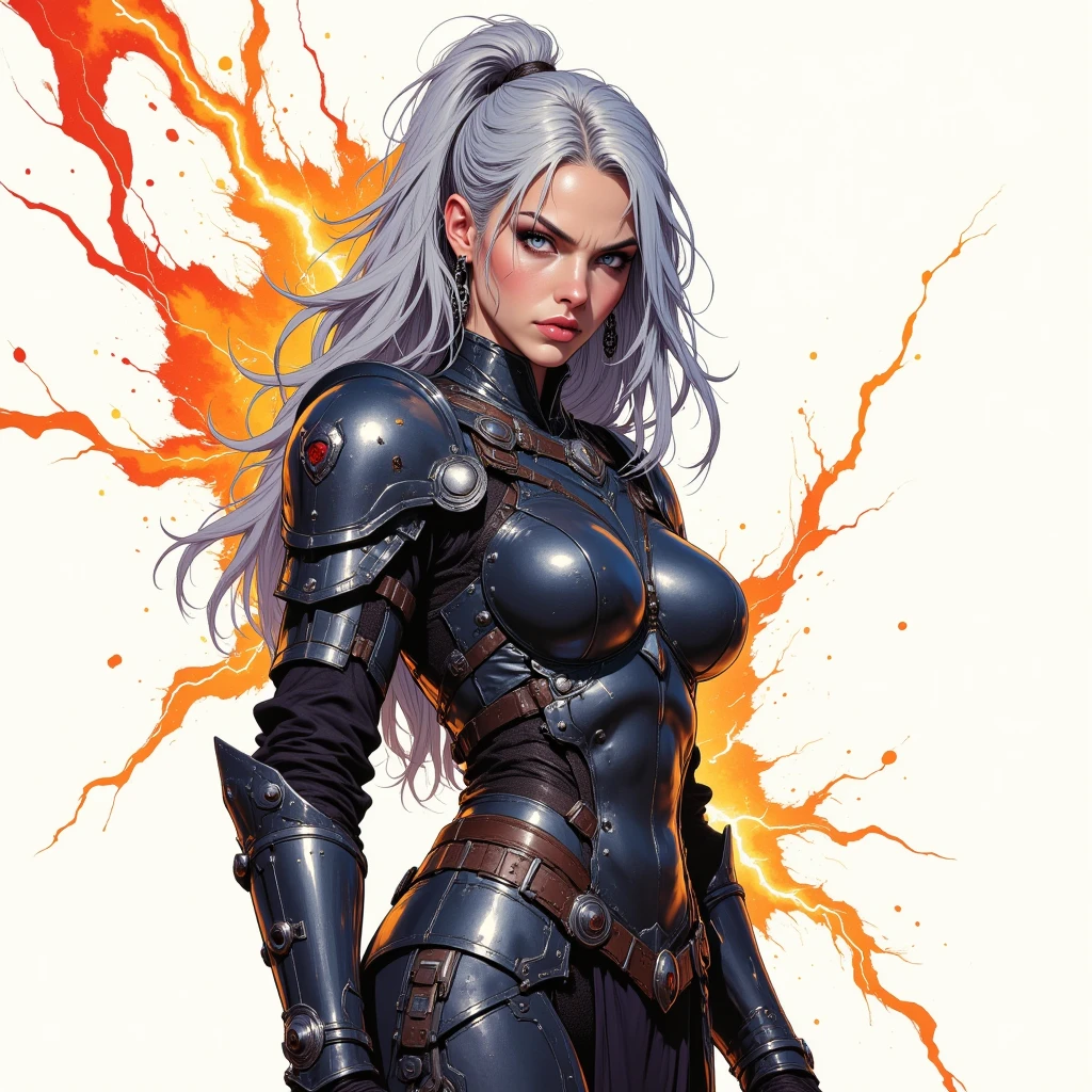 portrait, masterpiece, best quality, (photograph:1.3), (demon 1girl, dynamic pose, science fiction, loot, coin, wind, ((Sayagata hacker (neon trim) armor:1.2)), Navy Uniform, grey hair very short hair flipped hair, sparkle eyes), small breasts, (highly detailed), (perfect face),((eyelashes)), (realistic:1.4), thick lips, spot color, warehouse background, pizza, by Jeremy Lipking, by Antonio J. Manzanedo, by Frederic Remington, by HW Hansen, by Charles Marion Russell