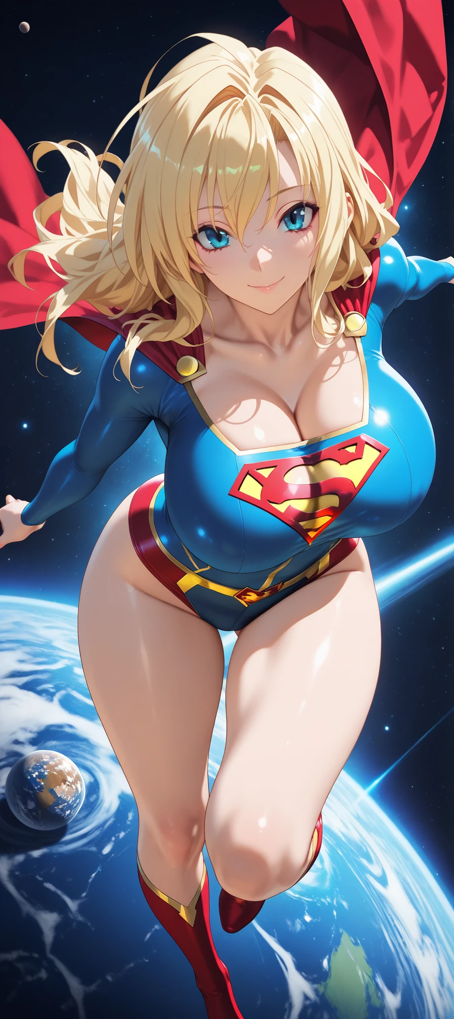 A SEXY TEEN FEMALE WITH (GIGANTIC BREASTS:3.8,) DREAMY BLUE EYES AND MEDIUM MESSY GOLDEN BLONDE HAIR WEARING A CLASSIC WHITE LONG-SLEEVED CROP=TOP SUPERGIRL COSTUME, A SHORT BLUE PLEATED SKIRT WITH A YELLOW SUPERGIRL BELT, RED HIGH HEELED SUPERGIRL BOOTS, AND SHORT RED SUPERGIRL CAPE WITH YELLOW TRIM. incredibly detailed skin and eyes, seductive poses, 8K resolution, masterpiece, ultra-detailed, semi-realistic,