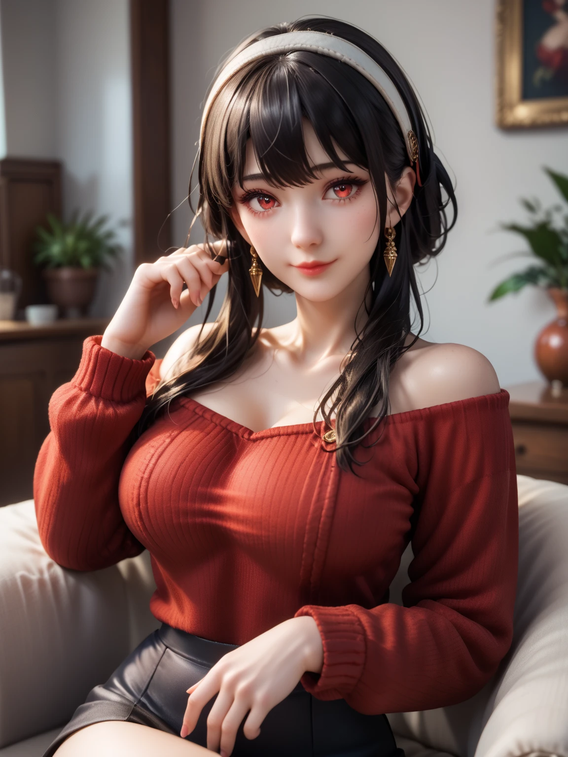 (masterpiece, Highest quality:1.3), (Super detailed:1.4),(Super detailed顔:1.2),(Super detailed目:1.2), (hyperRealistic:1.3), (RAW Photos:1.2), High-definition RAW color photos, Professional photos, (PhotoRealistic:1.4), (Realistic:1.4),8k,Professional Lighting, Perfect Anatomy, BREAK,(Big Breasts:1.6),(blush:1.2),(Bright smile:1.2),Yolfoger, High detail, Sharp focus, dramatic,dutch angle,Björf,Black Hair,Long hair short hair,White hair band,Kamimei,Leaning forward,Bring your face closer,Red eyes,Gold earrings,jewelry,Off the shoulder,(Red sweater:1.3),Sweater dress,Long sleeve,Black Pantyhose,Luxury bedroom,(thong:1.3),(Sexy pose 1.4)