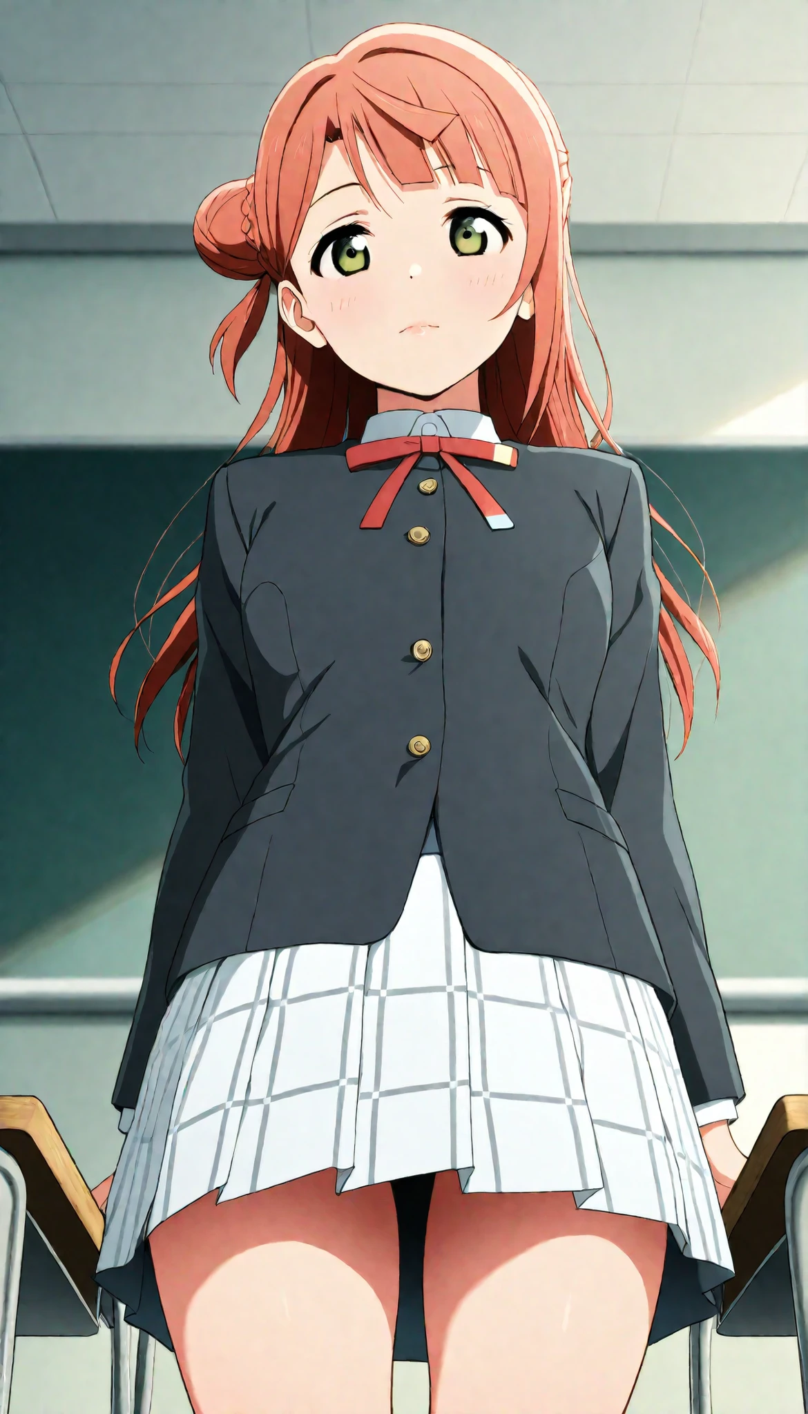 (Ayumu Uehara、long hair、bun hair),long sleeves, black blazer, red neck ribbon, white skirt ,Winter uniform,nijigasaki academy school_uniform, thigh,soft body,gentle curves,calm expression, cowboy shot, standing posture, front view, glossy lips ,closed mouth ,classroom ,below view,masterpiece,best quality,