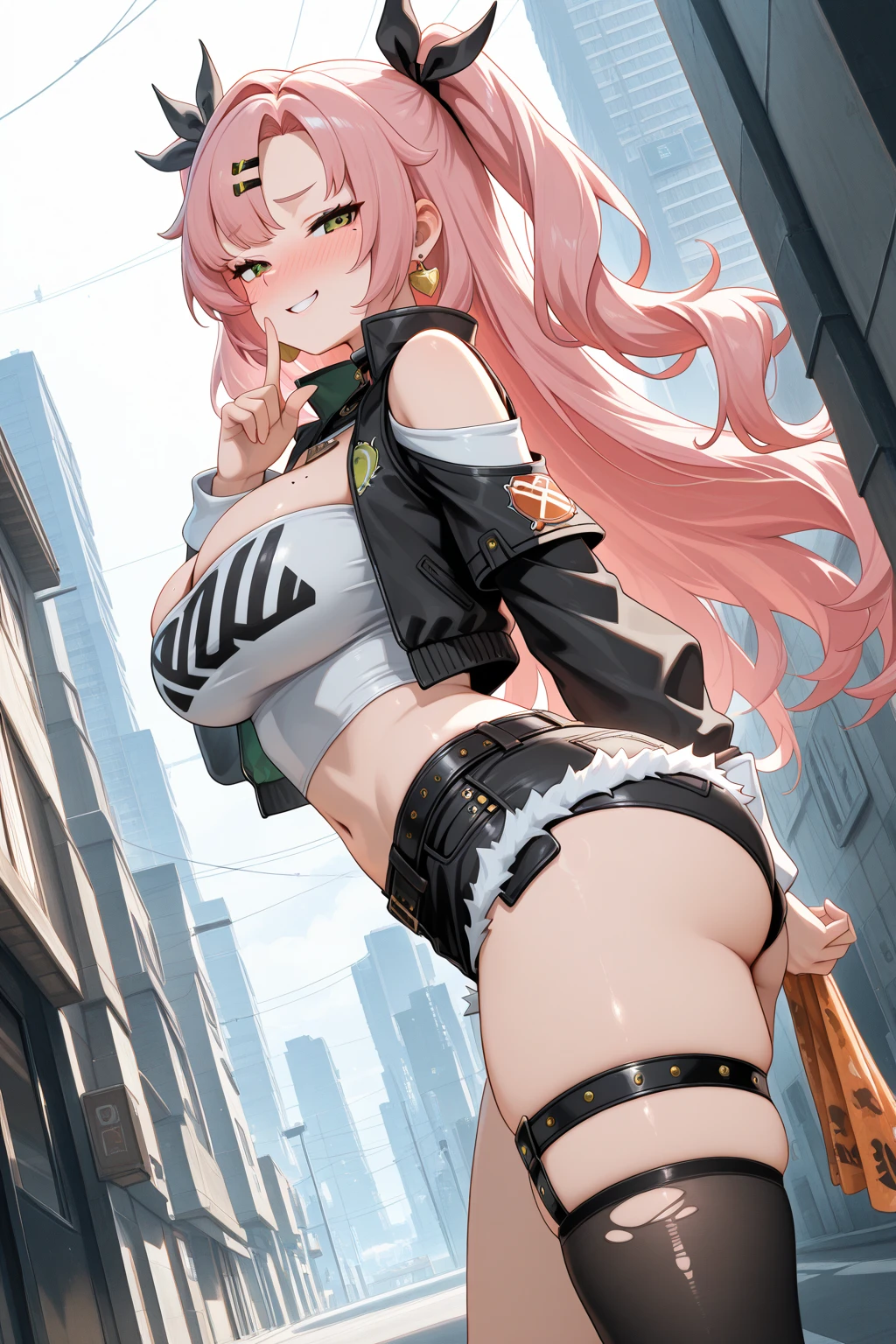 （tmasterpiece，Best Picture Quality，best qualityer）Close-up of a man riding a motorcycle，a skirt，in pink，Lower breast ，pantiess，Blue and white stripes ， Be red in the face，perfect  eyes， s the perfect face， perfect litthing， 1girl，Raised sexy， tight-fitting， contours， golden hair， nabel， smooth abdomen， outdoor background， reference， profesional lighting